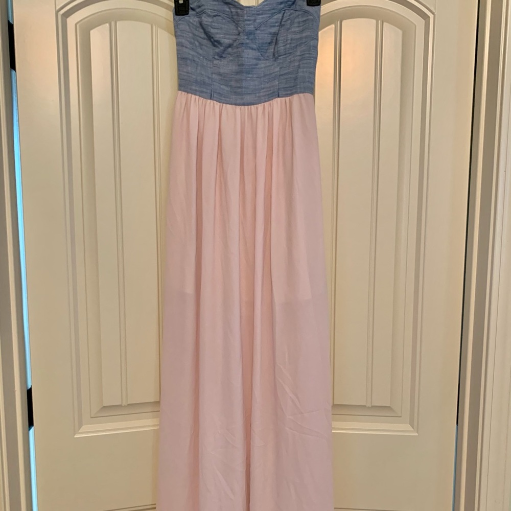 Sweetheart strapless denim/chiffon maxi dress